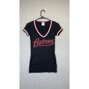 Houston Astros Shirt Womens‎ XS Black V-Neck MLB Baseball Short Sleeve Graphic